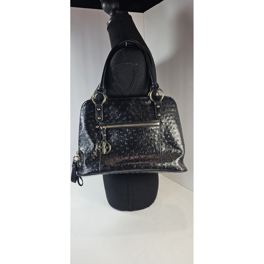 Giani Bernini Ostrich Embossed Shoulder Satchel Bag Purse Black Faux Leather‎